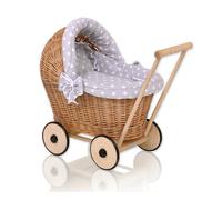 Passeggino per bambole STELLA in vimini con biancheria da letto grigia e rivesti