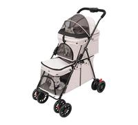 Passeggino per cani a 2 piani, doppio passeggino con 4 ruote, pieghevole, con tasche e finestre a rete, portata 15 kg, box per cani, gatti, animali domestici (grigio)