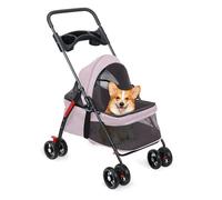 Passeggino per cani di piccola e media taglia, ruote anteriori girevoli a 360° con doppio freno posteriore, passeggini pieghevoli e leggeri con grande cestino, baldacchino in rete traspirante rosa