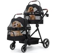 Passeggino pieghevole a doppio piano per due cani di piccola taglia o gatti (15 kg per livello), 3 in 1, con finestre a rete, guinzagli di sicurezza, spazio e portabevande - leggero e adatto per i