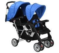 Passeggino tandem in acciaio blu e nero con 2 cappe, grande cestello, pieghevole, 122,5 x 53,5 x 111 cm, per 2 bambini fino a 15 kg, passeggino doppio versatile per l'uso quotidiano e le passeggiate