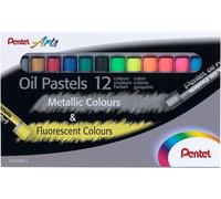 Pastelli a olio Pentel Confezione da 12 Pastelli a olio - 6 metallizzati e 6 fluorescenti - Morbidi, cremosi e ad asciugatura l