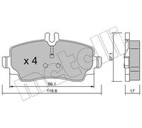 metelligroup 22-0310-0 Pastiglie Freno Anteriori E Posteriori, Made in Italy, Pezzo di Ricambio per Auto/Automobile, Kit da 4 Pezzi, Certificate ECE R90, Prive di Rame