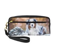 Pastore australiano neve inverno bellissimi cani, Borsa per il trucco Borsa per cosmetici Borsa da viaggio portatile da toilette Astuccio in pelle per donne e ragazze