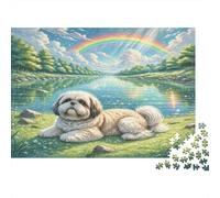 Pastore Mioritico Rumeno per Adulti, Puzzle 1000 Pezzi, Cane che Riposa vicino a Lago con Sfondo di Arcobaleno, Gioco Estremamente Difficile, Decorazione per Pareti e Regali, 52x38cm/1000pcs