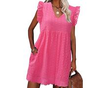 PASUDA Abito Estivo Donna Cotton Vestito Corto Scollo a V Senza Maniche Ruffles Vestiti Estivi Donna Vuoto Jacquard Casual Abito Mare Spiaggia Leggero Abiti con Tasche (Rosa, L)