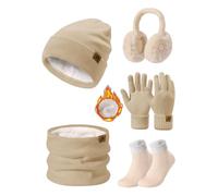 PASUDA Donna Inverno Cappello Sciarpa e Touchscreen Guanti Set Caldo Scaldacollo Foderato Pile Berretto Sciarpa a Maglia Scaldaorecchie in Peluche Calze 5 Pezzi per Sport all'aperto (Cachi, One Size)