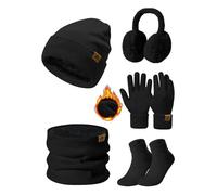 PASUDA Donna Inverno Cappello Sciarpa e Touchscreen Guanti Set Caldo Scaldacollo Foderato Pile Berretto Sciarpa a Maglia Scaldaorecchie in Peluche Calze 5 Pezzi per Sport all'aperto (Nero, One Size)