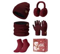 PASUDA Donna Inverno Cappello Sciarpa e Touchscreen Guanti Set Caldo Scaldacollo Foderato Pile Berretto Sciarpa a Maglia Scaldaorecchie in Peluche Calze 5 Pezzi (Rosso Vino, One Size)