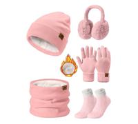 PASUDA Donna Inverno Cappello Sciarpa e Touchscreen Guanti Set Caldo Scaldacollo Foderato Pile Berretto Sciarpa a Maglia Scaldaorecchie in Peluche Calze 5 Pezzi per Sport all'aperto (Rosa, One Size)