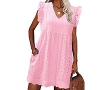 PASUDA Vestiti Estivi Donna Senza Maniche Ruffles Abito Scollo a V Corto Vuoto Jacquard Casual Vestito Cotton Abito Mare Spiaggia con Foderati (Rosa Chiaro, S)