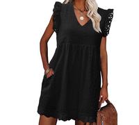PASUDA Vestiti Estivi Donna Senza Maniche Ruffles Abito Scollo a V Corto Vuoto Jacquard Casual Vestito Cotton Abito Mare Spiaggia con Foderati (Nero, M)