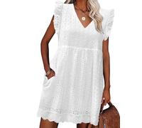 PASUDA Vestiti Estivi Donna Senza Maniche Ruffles Abito Scollo a V Corto Vuoto Jacquard Casual Vestito Cotton Abito Mare Spiaggia con Foderati (Bianco, S)