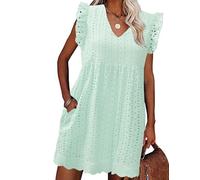 PASUDA Vestiti Estivi Donna Senza Maniche Ruffles Abito Scollo a V Corto Vuoto Jacquard Casual Vestito Cotton Abito Mare Spiaggia con Foderati (Verde, S)