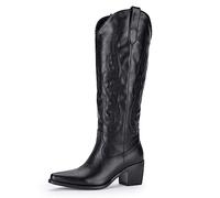 Pasuot - Stivali da cowboy da donna in stile western, al ginocchio, larghi al polpaccio, con ricami classici, punta affusolata, tacco grosso, alla moda, classici, senza lacci, per autunno e inverno