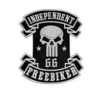 Patch biker “Independent FreeBiker Skull 66” - toppa ricamata 35×32 cm grande formato - teschio e stelle bianco/nero per giacca pelle, gilet moto o zaino - cucire o termoadesiva | Fai da te