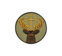 Patchion Simbolo Di Sant'Uberto Il Santo Patrono Dei Cacciatori, Sfondo Verde Oliva - Ganci E Anelli Neri - Patch/Badge/Emblema Ricamato