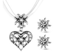 Patelai Set di 3 Gioielli Bavaresi Tradizionali Collana Tedesca con Ciondolo a Forma di Stella Alpina con Strass e Orecchini a Bottone di Stella Alpina per Donna Pantaloni in Pelle Dirndl (Bianco)