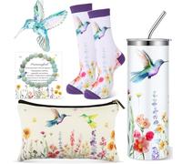 Patelai Set regalo da 5 pezzi con colibrì, borsa per il trucco da 590 ml, bicchiere con cannuccia, ornamento in acrilico, braccialetto ispiratore, regalo per gli amanti degli uccelli, regalo per