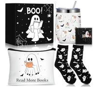 Patelai Set regalo da 5 pezzi per Halloween per gli amanti dei libri, include bicchiere da 350 ml con coperchio e paglia, calze e segnalibro, confezione regalo spettrale per donne lettori di libri