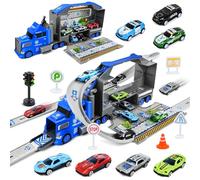 PATEMZON Camion Trasporto Bambini, Truck Macchinine Giocattoli con Tracce e Auto, Pista Macchinine Telecomandate, Giocattolo Portatile Da Corsa con 8 Macchinine, Regalo Caldo Auto (Polizia)