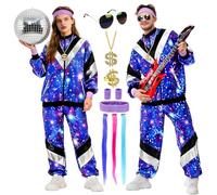 PATEMZON Costume Anni 80 90 Donna Uomo, Abbigliamento Sportivo da Jogging Starlight con Occhiali, Anelli, Collane e Fascia, Vestito Retrò da Uomo Anni '80 '90 per Carnevale Halloween Retro Disco (S)