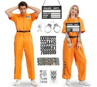 PATEMZON Costume Carcerato Uomo Donna, 9 Pezzi Costume Prigioniero Uomo con Maniche Tatuate e Cinturini, Tuta Carcerato Arancione, Costume da Detenuto per Carnevale, Halloween, Festa a Tema