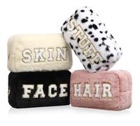 Paterr 4 borse per il trucco in ciniglia con lettere preppy natalizie, in peluche, pelose, per capelli, pelle, viso, cosmetici, con cerniera, da viaggio, per regali di Natale, Colori Beige Nero