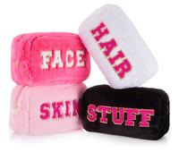 Paterr 4 pezzi di ciniglia lettere preppy patch trucco peluche peloso borsa cosmetici pelle capelli viso roba sacchetto sacchetto con cerniera per donne viaggio articoli da toeletta organizzazione,