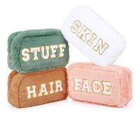Paterr 4 pezzi di ciniglia lettere preppy patch trucco peluche peloso borsa cosmetici pelle capelli viso roba sacchetto sacchetto con cerniera per donne viaggio articoli da toeletta organizzazione,
