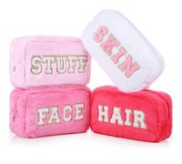 Paterr 4 pezzi di ciniglia lettere preppy patch trucco peluche peloso borsa cosmetici pelle capelli viso roba sacchetto sacchetto con cerniera per donne viaggio articoli da toeletta organizzazione,