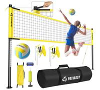 Patiassy Rete da pallavolo professionale e sistema di palloni per esterni, spiaggia, cortile, giardino con pali in acciaio regolabili in altezza, rete in nylon resistente, pallavolo in PU e borsa per