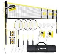 Patiassy Set di rete da badminton per esterni, larghezza regolabile (6,5 cm, 4,5 m, 4,5 m), sistema di rete per esterni, con 4 racchette e volani in alluminio e borsa portatile per il trasporto, per