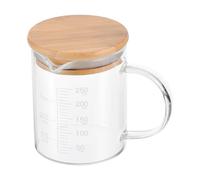 PATIKIL 250ml Misurino in Vetro, 3,3 Vetro Borosilicato Graduato Bianco Bicchiere Dosatore Liquidi in Scale Stampata con Coperchio Legno Beccuccio a V per Cucina
