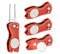 PATIKIL Golf Divot Repair Tool, 4 Pezzi Attrezzo Piegevole per Divot in Metallo con Marcatore aimanté E Forchetta in Acciaio Inox per Golfisti, Rosso