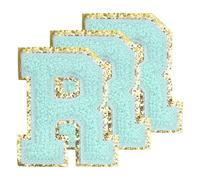 PATIKIL Patch Lettere in Panno di Cheniglia 83mmx70mm, 3Pz Lettere Termoadesive per Tessuti con Bordo Dorato, Adesivi Ricamati per Abbigliamento DIY, Zaini, Cappello, Blu Lettera-R