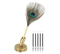 PATIKIL Penne a Sfera Piuma di Pavone Sfuse, Portapenne in Metallo Nero Inchiostro Vintage Scrittura Pens con 5 Pezzi di Ricarica per Ufficio,Firma Matrimonio Oro