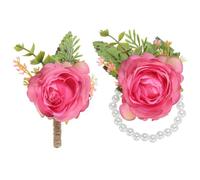 PATIKIL Set Fiori da Polso e Boutonniere in Rosa, 2 Pezzi Fascia da Polso per Fiori da Sposa Bracciale a Bande Mano Accessori per Uomo Donna Festa Laurea Ballo Fine Anno, Rosa Pink