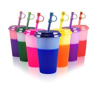 Patinao Bicchieri cambia-colore con coperchio e cannucce, per bambini, 7 bicchieri riutilizzabili in plastica da 350 ml, set di bicchieri freddi per bambini (con copertura in silicone per cannuccia)