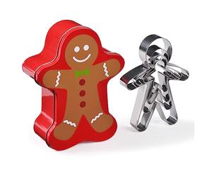 patisse 13725 - Scatola in metallo a forma di Gingerman contenente 4 tagliapasta o porta pezzi in acciaio inox a forma di Gingerman - Mannele - 4 diverse altezze: 6 cm/9 cm/12 cm/17 cm