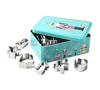 patisse 13730 - Scatola per biscotti in metallo decorate CASSE-NOCCIETTE, 19,5 x 13 x H 7 Cm contenente 18 taglierini porta pezzi in acciaio inox - abete, San Nicola, campana, angelo, porca