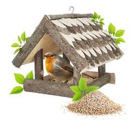 PATKAR Casetta per uccelli da appendere, mangiatoia per uccelli, mangiatoia per uccelli selvatici, balcone, uccelli, 26 x 25 cm, in legno di salice + 500 g di cibo in omaggio