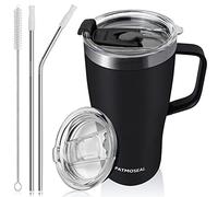 PATMOSEAL Tazza da viaggio isolata da 600 ml con manico cannucce e 2 coperchi antisversamento, in acciaio inox a doppia parete, 20 once per caldo e freddo (nero)