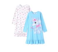 PATPAT Camicie da Notte per Ragazze e Ragazze, con Motivo Unicorno, Confezione da 2 Pezzi, a Maniche Lunghe, per Adolescenti, Ragazze, da Notte per Bambini, 2 a 12 Anni, Taglie 80-152