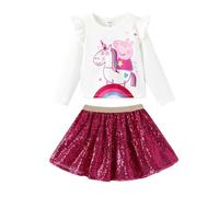 PATPAT Peppa Pig Completo Bambina 2 Pezzi Maglietta Maniche Lunghe + Gonna Rossa Glitterata con Paillettes, Regalo di Natale Autunno Inverno Abbigliamento Carino per Bambine 2-6 Anni 83-116 cm