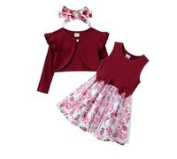 PATPAT Set di abiti da bambina con cardigan e fascia per capelli, da principessa e a maniche lunghe, per l'inizio della scuola, compleanno, festa, banchetto, vacanze, per adolescenti, 2-10 anni,