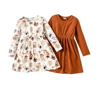PATPAT Vestito Bambina 2 Pezzi per Ragazze: Abiti Eleganti Manica Lunga Floreali e Tinta Unita per Compleanno, Scuola, Vacanze, Natale, Festa, Blocco di Colore Taglia 122-128 CM 7-8 Anni