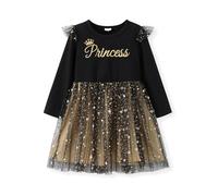PATPAT Vestito Bambina con Tulle Brillante - Abito Principessa a Maniche Lunghe con Stampa per Compleanno, Feste e Vacanze, Oro 3-4 Anni, Taglia 98-104