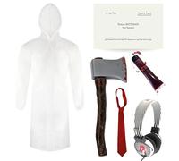 Patrick Bateman - Set di accessori per adulti, XL, impermeabile, cuffie, ascia finta, cravatta rossa, biglietto da visita, sangue finto, costume per Halloween