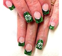 Patrick's Day Press On Nails Short Square French Tip False Green Shamrock Lights Coperture Full Coperture Nail Art Green Shamrock